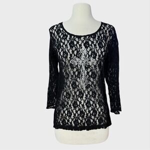 Vintage y2k Indie sleaze Women's XL Black Lace Rhinestone Cross Wings Top Bling